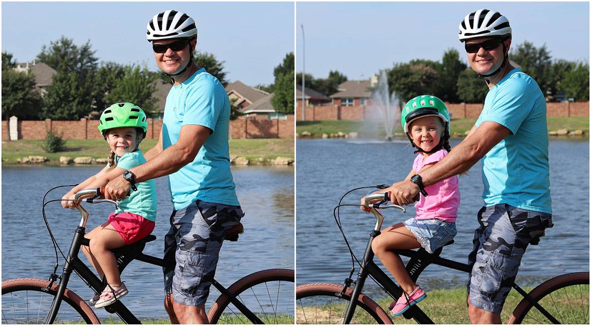 A 3 year old on a Do Little child bike seat, and a 4 year old on a Do Little, both with their dad.