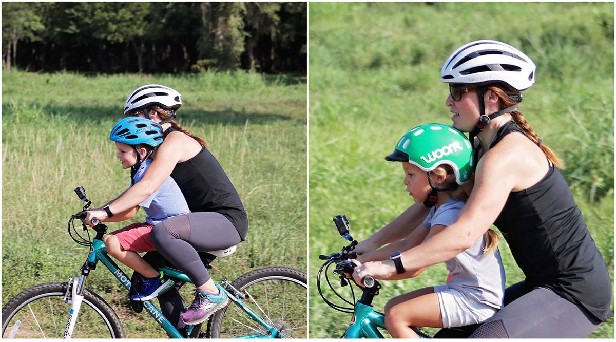 Kids riding Do Little child bike seat with a shorter woman, and it's a tight fit. 