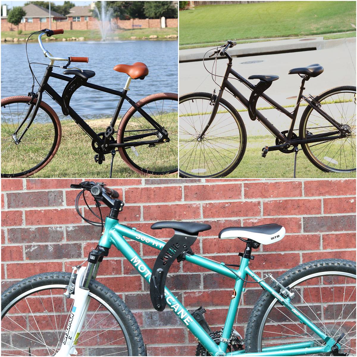 Do little child bike seat mounted to a diamond frame bike, step through frame bike, and a mountain bike.