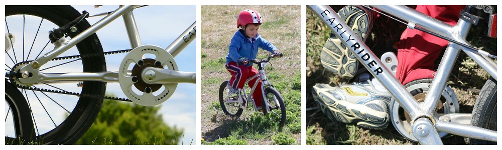 collage showing a young riders pants getting stuck in the belt drive of the Belter 16