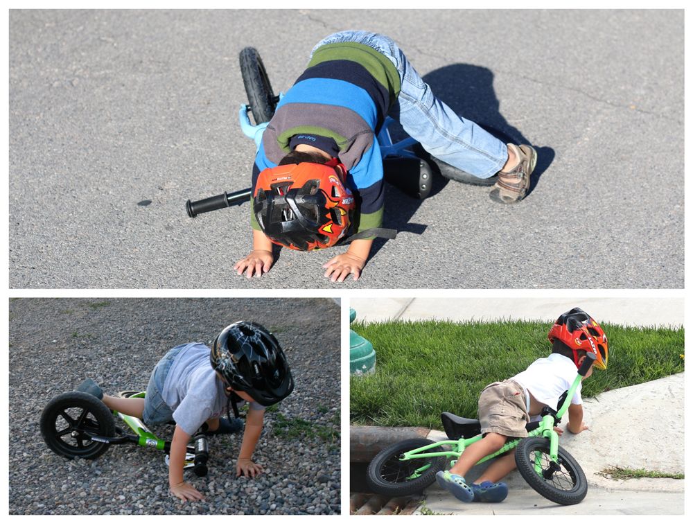 child falling hands first on his balance bike