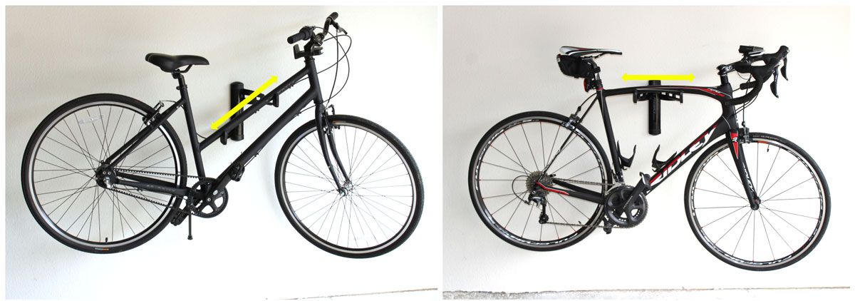 Feedback Velo 2D wall rack adjusts to accommodate sloping and flat top tubes