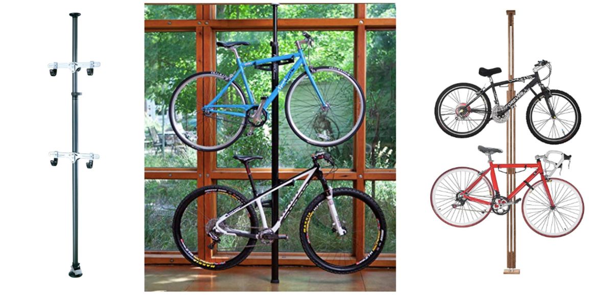Collage showing examples of indoor bike rack telescopic racks - Topeak Dual Touch, RAD Cycle Woody Bike Stand, and Feedback Sports Velo Column