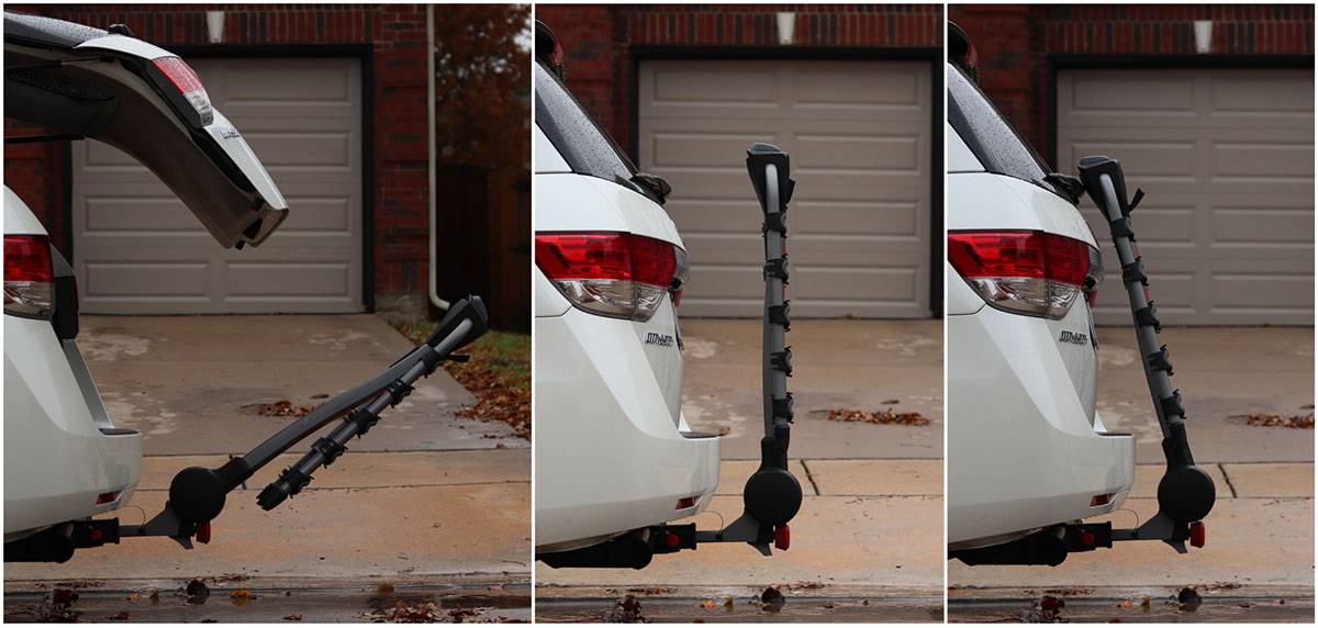 RidgeBack on back of vehicle, upright, folded in towards the car, extended out to allow the rear hatch to open.