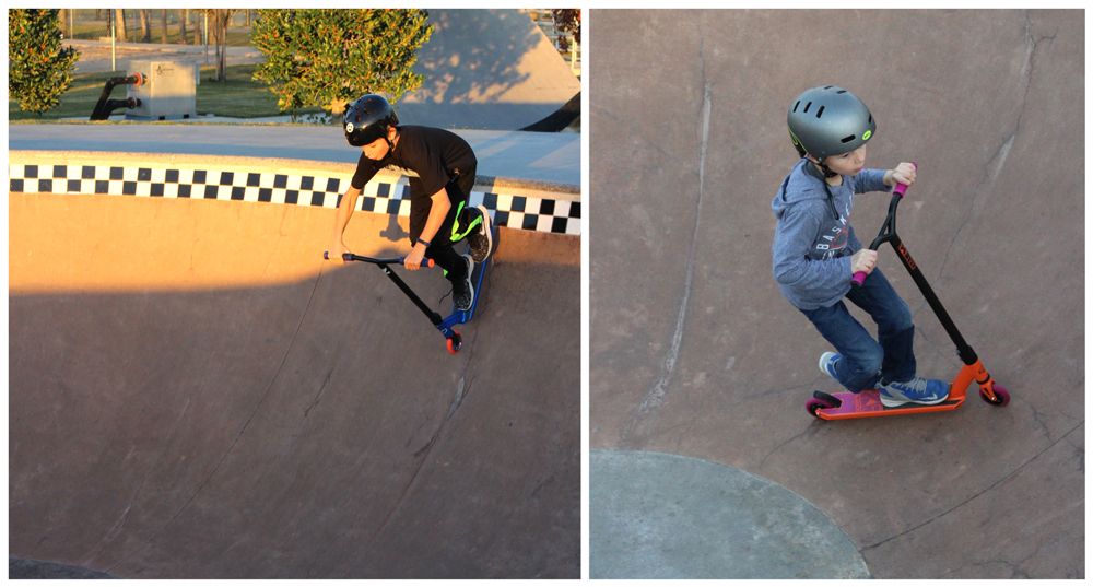 In the bowl at the skatepark with the Fuzion scooter Z250 and the Fuzion scooter X5