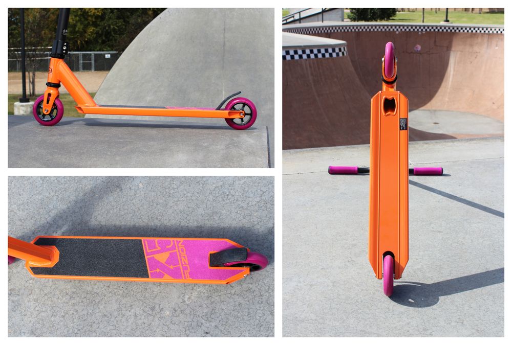 Fuzion scooter X5 deck from several angles - top, side, underneath.