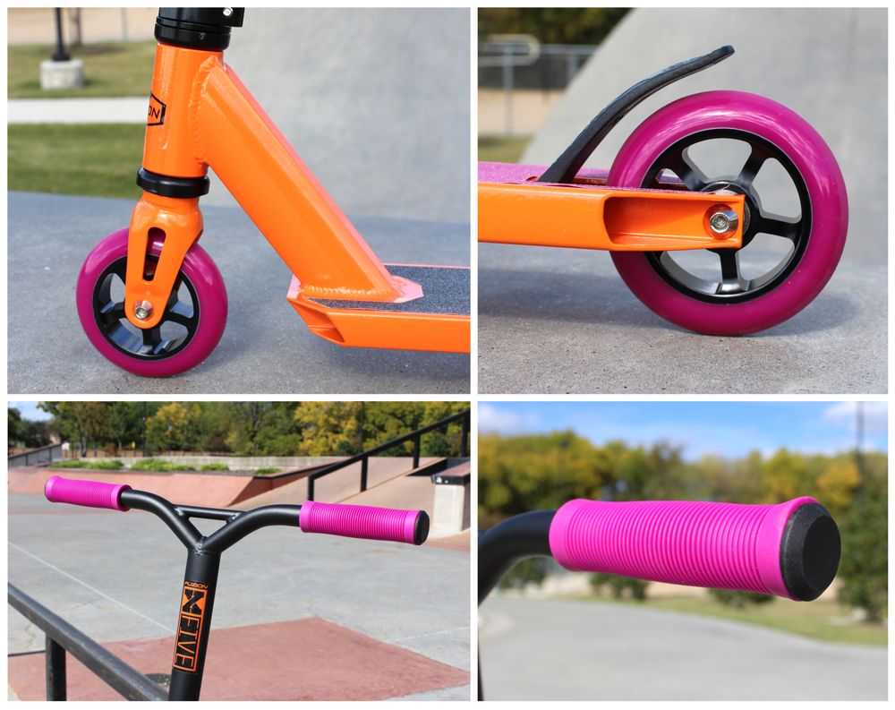 Fuzion X5 trick scooter front wheel, rear wheel with brake, and rubber grips.