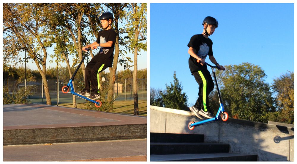10-year-old riding the Fuzion Scooters Z250 at the skate park - up and down the stairs.