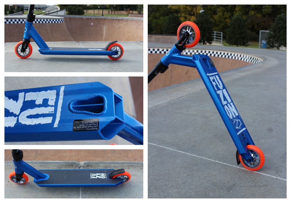 Fuzion scooter Z250 deck from several angles - top, side, underneath.