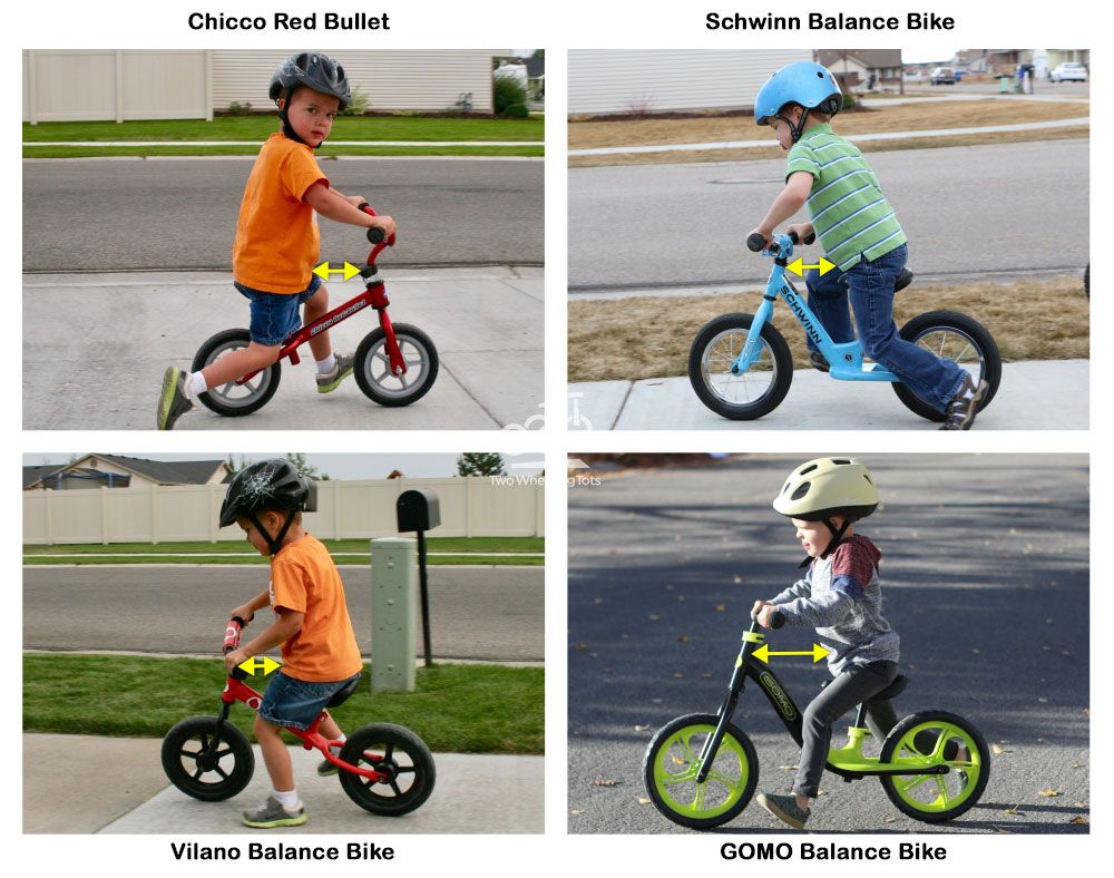 Preschoolers riding the Chicco Red Bullet, Schwinn Balance Bike, Vilano Balance Bike and GOMO Balance Bike. The GOMO balance bike is the only one that provides enough room for the rider to move around comfortably.