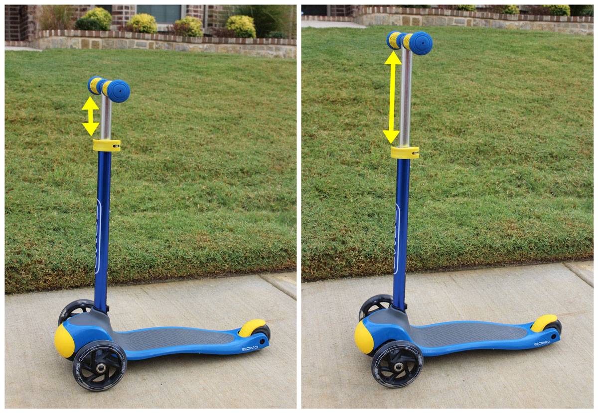 GOMO 3-wheel scooter with handlebar set at lowest and highest height.