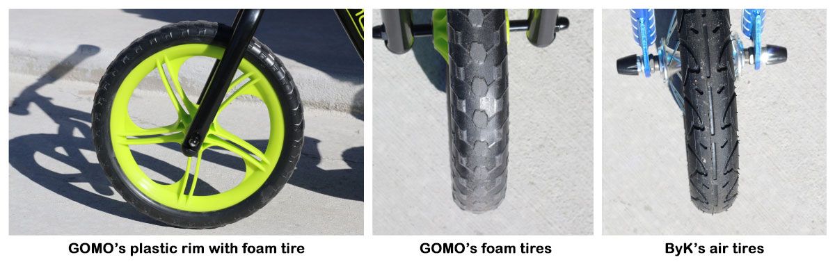 GOMO's plastic rim with foam tire, compared to ByK's air tire.