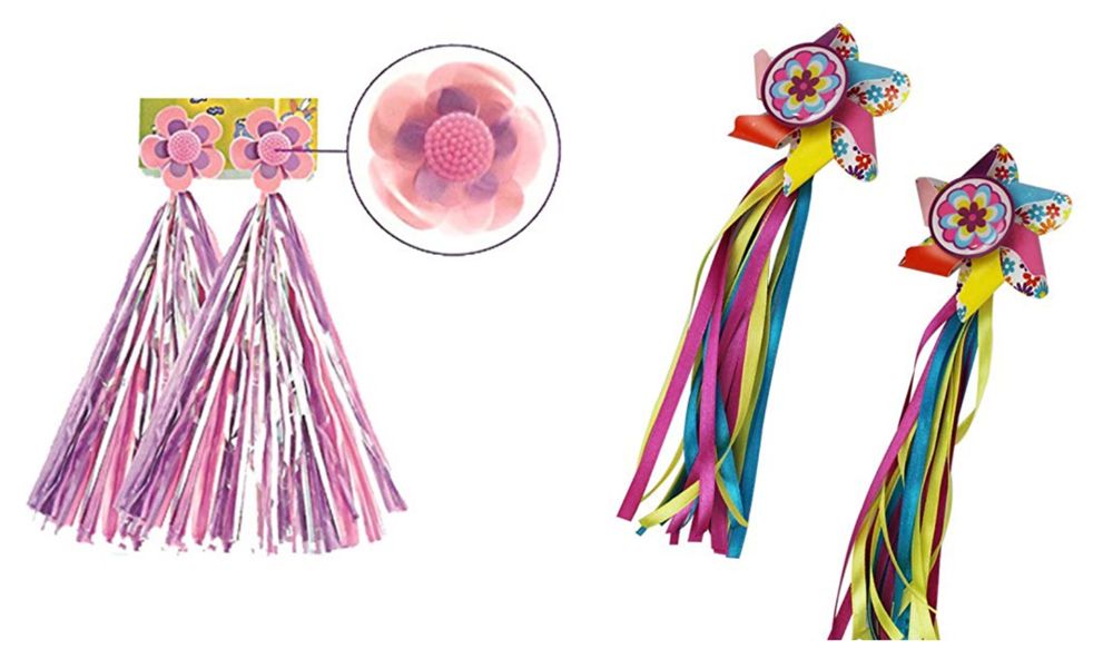 Two different girls bike streamers you can use to accessories your girls bike. One has spinning flowers on the end. The other has stationary pinwheels.