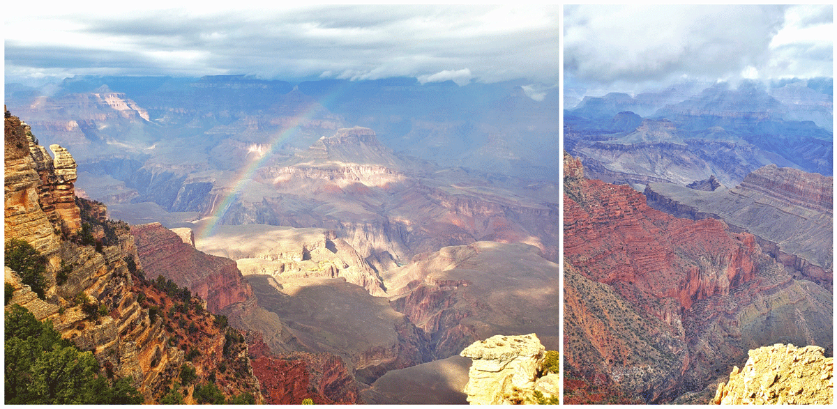 Grand Canyon National Park with a rainbow on a cloudy day