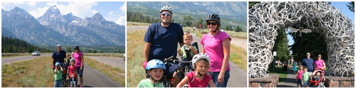 Family biking down a bike path at Grand Teton National Park.