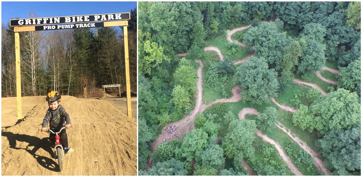 Child riding balance bike at the Griffin Bike Park pro pump track, and aerial shot of skills trails for Griffin Bike Park