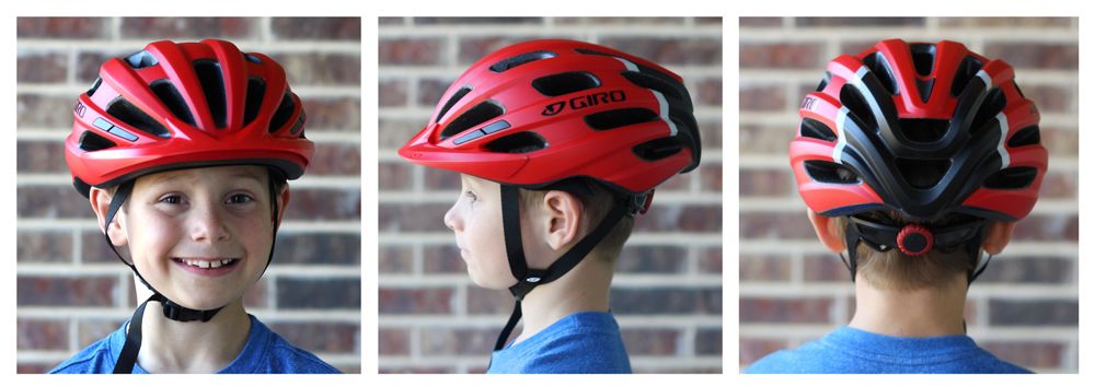Boy wearing Giro Hale kid's helmet. Shots from front, side and back to show coverage.