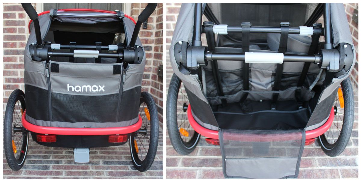 Rear storage area of the Hamax Outback bike trailer - open and closed