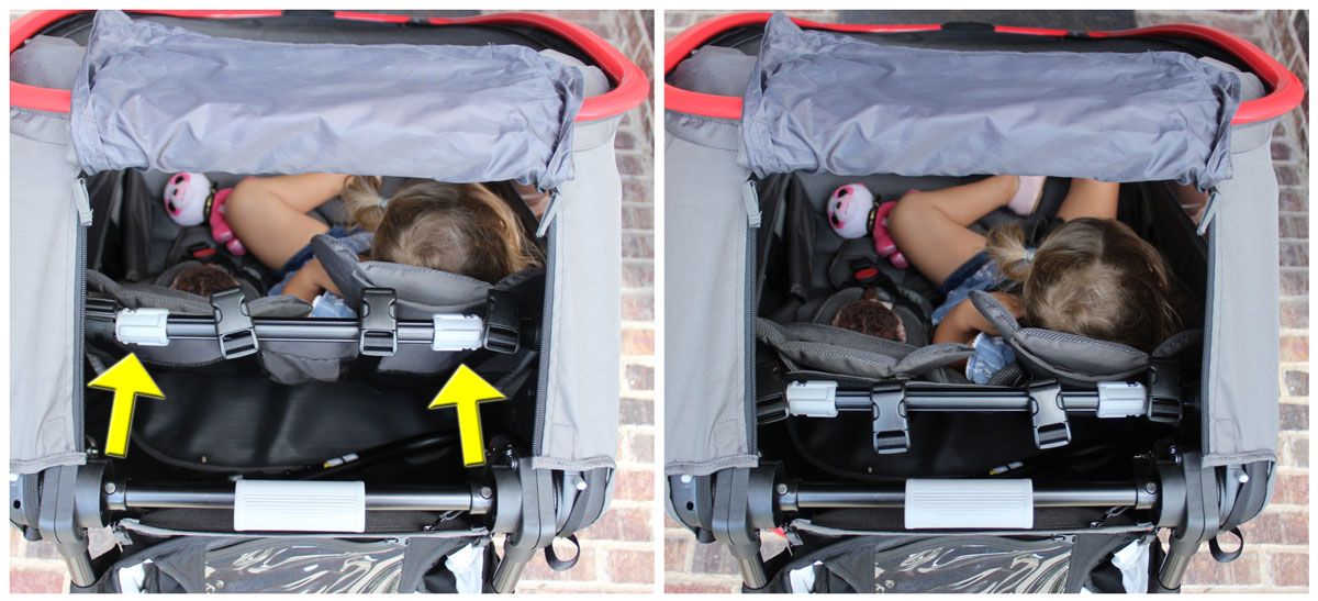 Back of the Hamax Outback bike trailer shown through the top with the seat not reclined and then reclined.