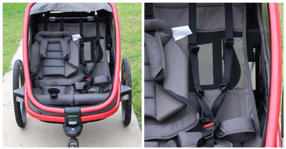 Interior of Hamax Outback bike trailer. Right side seat has been removed to provide more ventilation through mesh seat back.