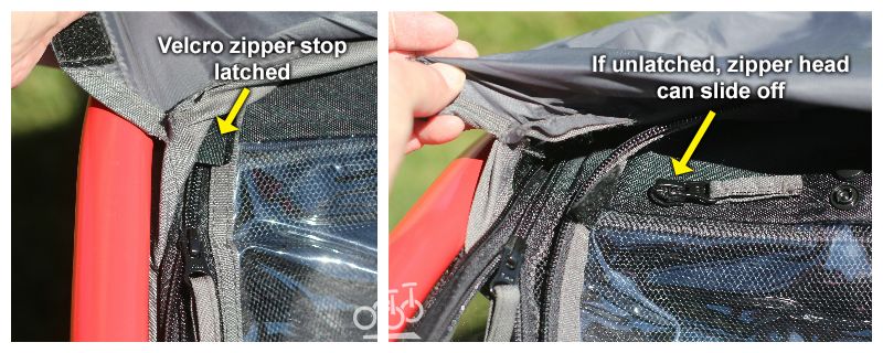 Image showing how the zipper on the Hamax Bike trailer can slide off
