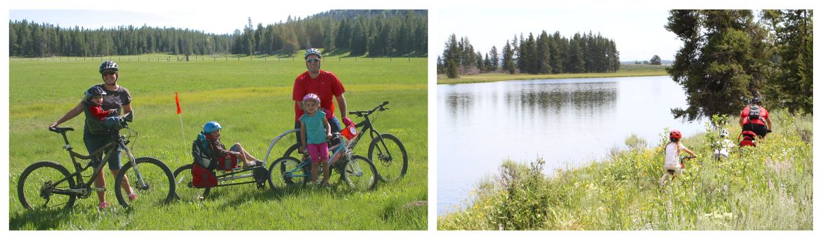 Family riding bikes and a trailer cycle through a grassy meadow at Herriman State Park in Idaho.