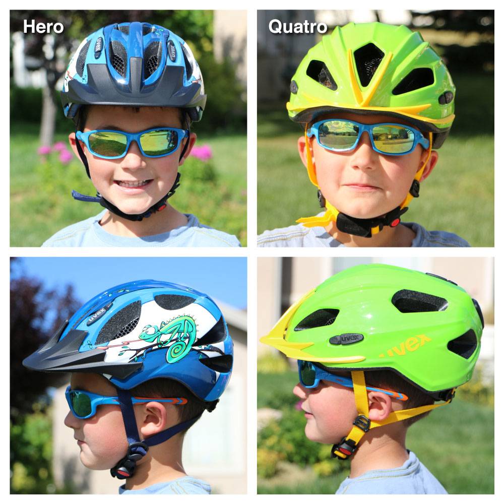Side by side comparison of 7 year old wearing the the Uvex Quatro and the Uvex Hero. The Uvex Hero sits much higher on his head than the Quatro.