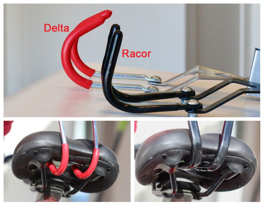 Hooks on Delta ceiling bike hoist are curved and the tip touches the underside of the bike seat. The hooks on the Raco or more flat and have more contact points with the underside of the bikes seat.