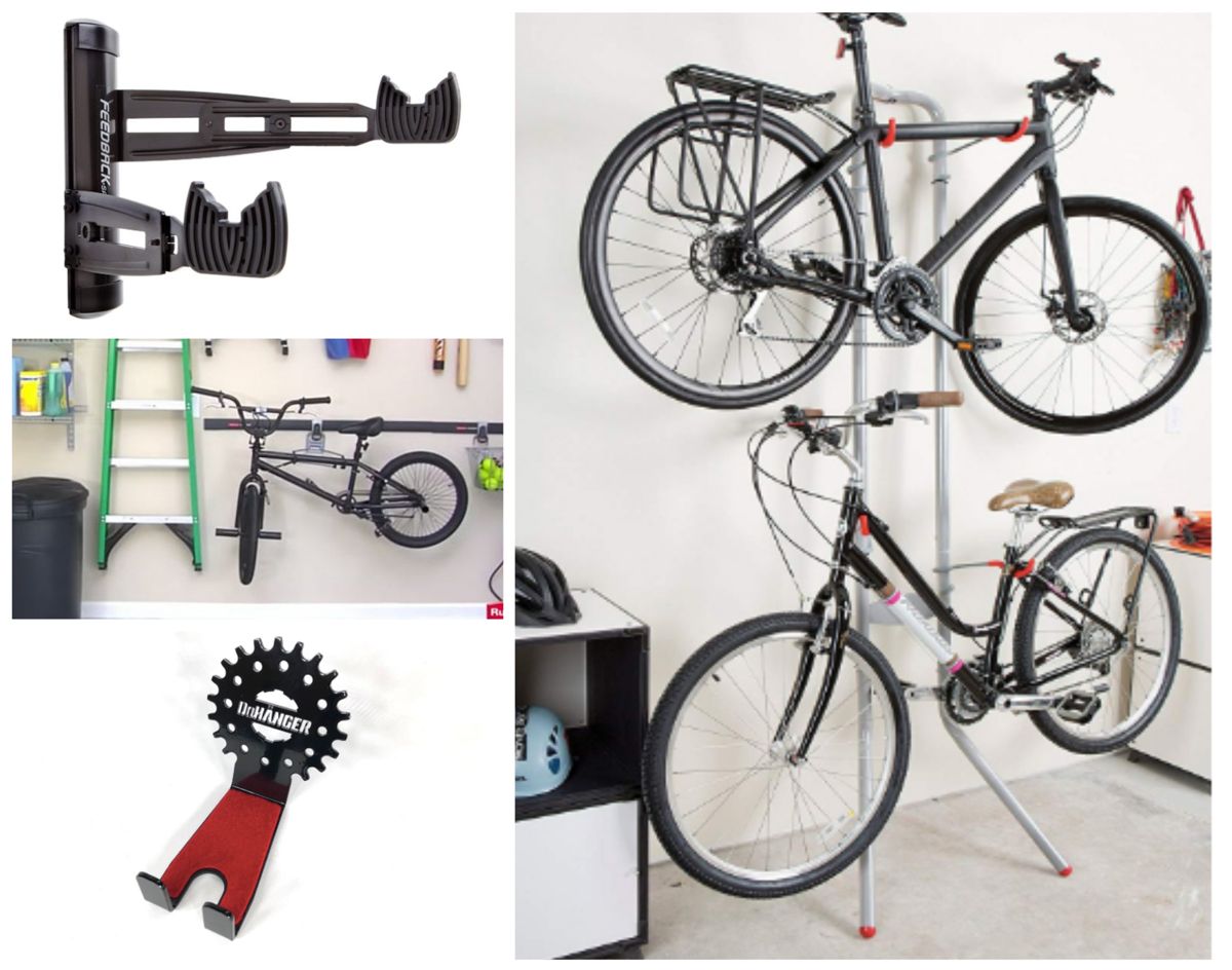 Collage of different styles of horizontal bike storage - DaHanger sprocket hood, Delta Michelangelo two bike gravity stand, Velo 2D wall rack, Rubbermaid FastTrack system
