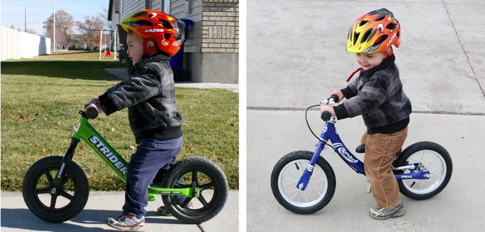 Collage showing a child sitting and walking on a balance bike.