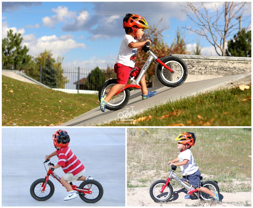 collage showing a toddler riding different balance bikes in different areas