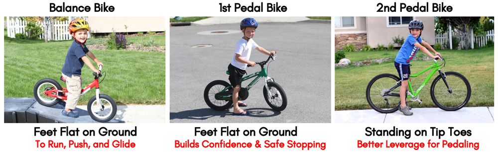 Child on balance bike with feed flat on ground to be able to run, push, and glide. Child on their 1st pedal bike, also with feet flat on the ground for safe stopping and to build confidence. A child on their 2nd pedal bike standing on their tip toes. This provides better leverage for pedaling.