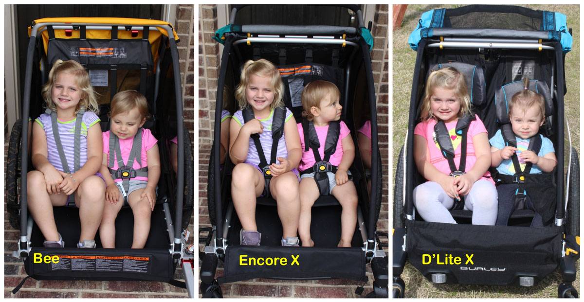 Side by side comparison of same two girls in a Burley Bee, Burley Encore X, and Burley D'Lite X. 5 year old and 18 month old.
