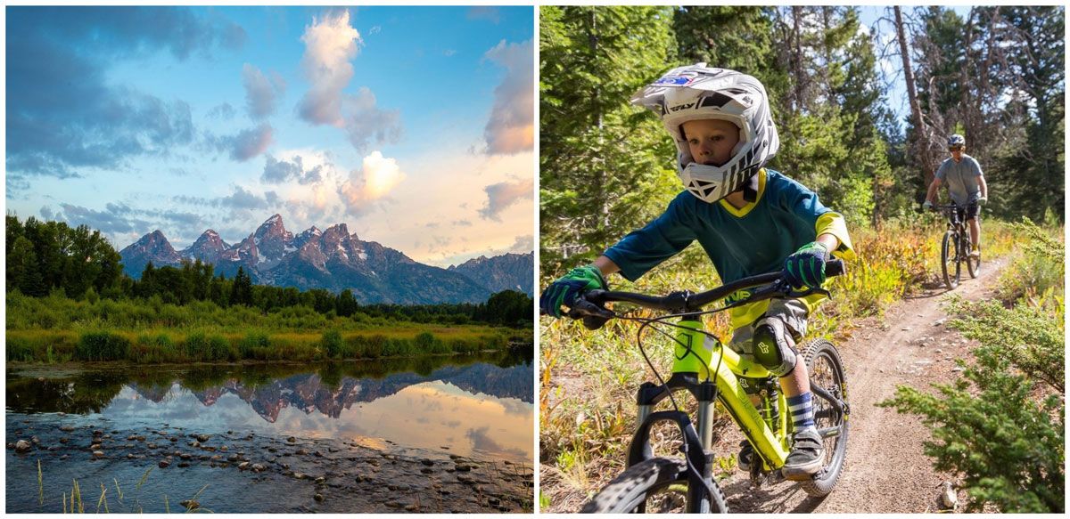 Jackson Hole with Tetons in background, child mountain biking on a trail in Jackson Hole