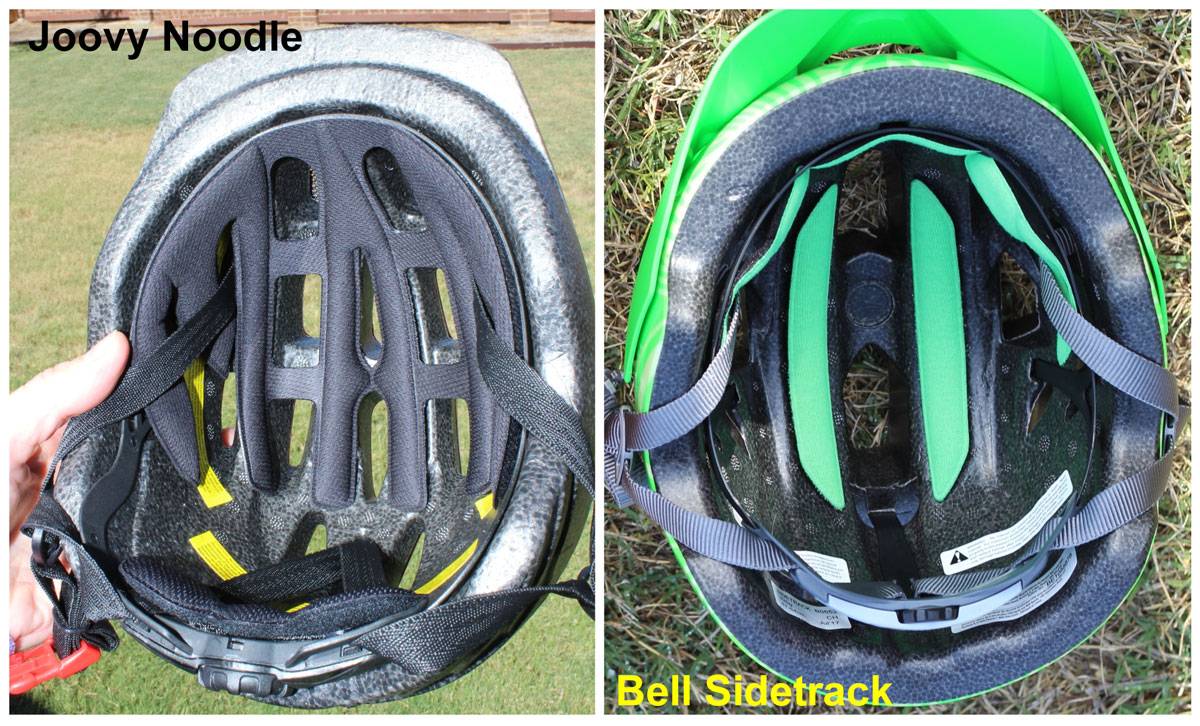 Side by side comparison of the pads in the Joovy Noodle Helmet at the Bell Sidetrack. The padding in the Noodle is one large piece. The padding in the sidetrack is 3 small pieces.