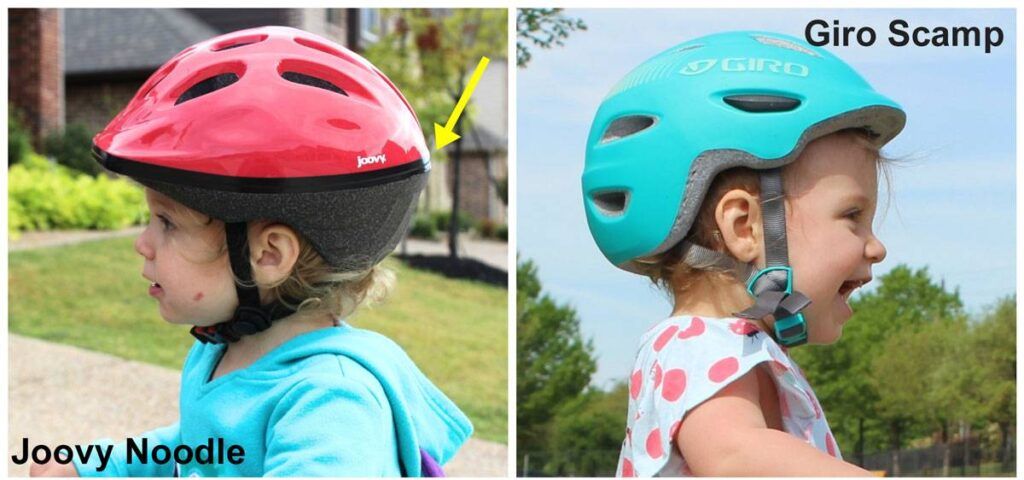 image showing the back of kids helmets, one showing a pointed back on the Joovy Noodle and the other a smoother back on the Giro Scamp kids helmet