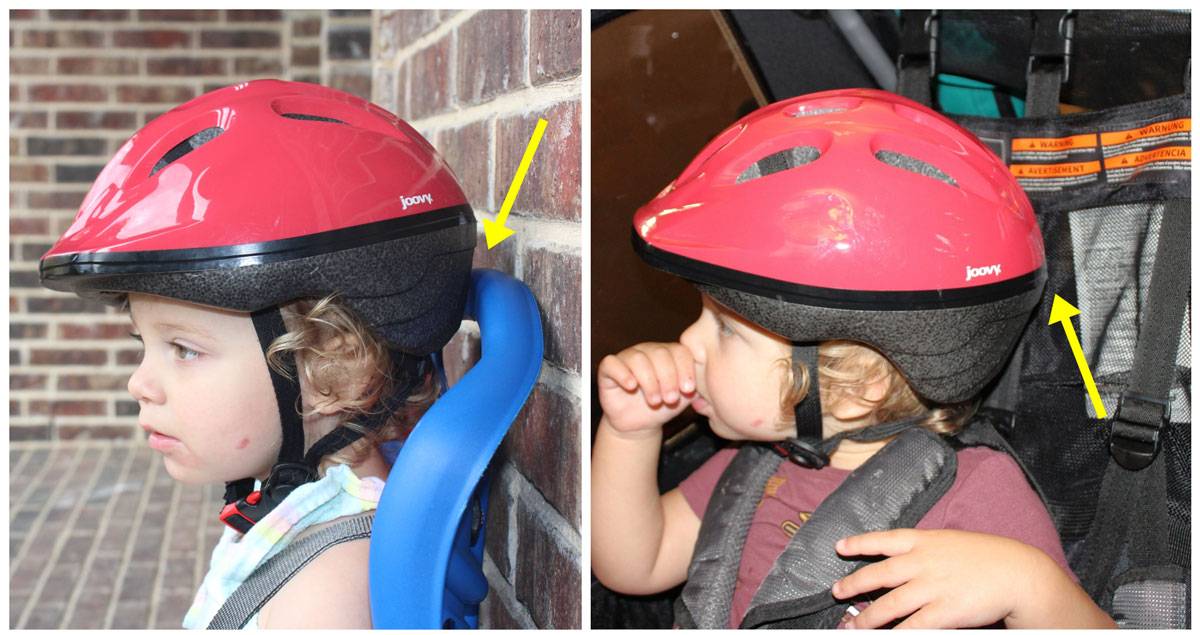 Side by side images of toddler wearing Joovy Noodle in a child bike seat and in a trailer. The back of the helmet hits the back of the seat.