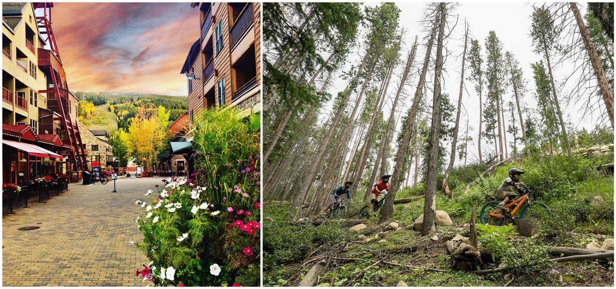 Keystone Resort in Colorado, view of the main street of the resort with bright flowers, and then three kids riding mountain bikes in a pine forest