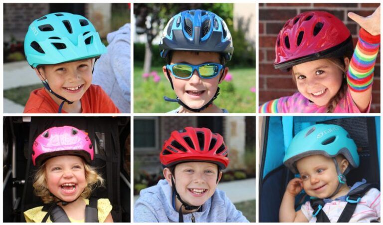 6 different ages kids wearing different helmets