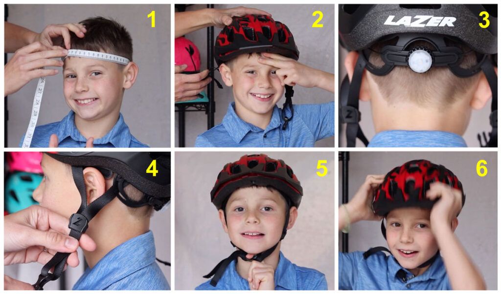 collage of 6 steps to finding and adjusting a kids helmet size