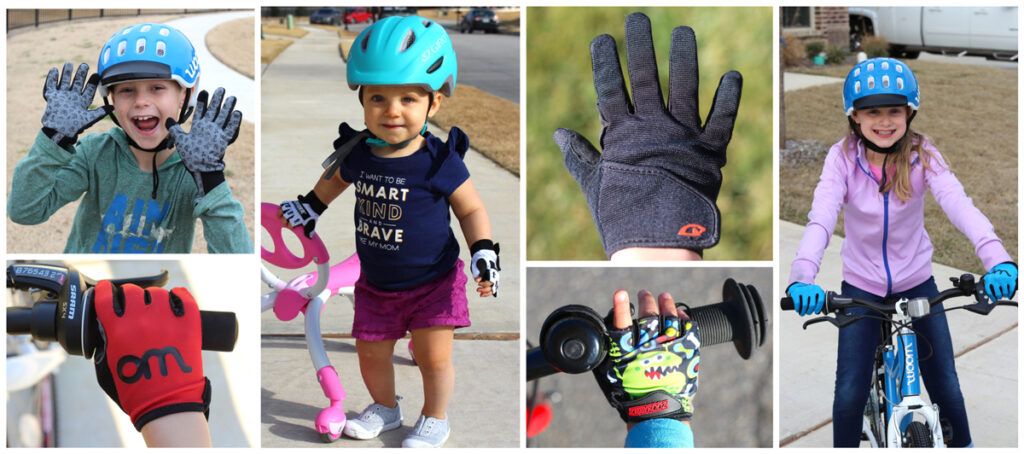 collage of different brands of kids bike gloves including woom, zippyrooz and giro.