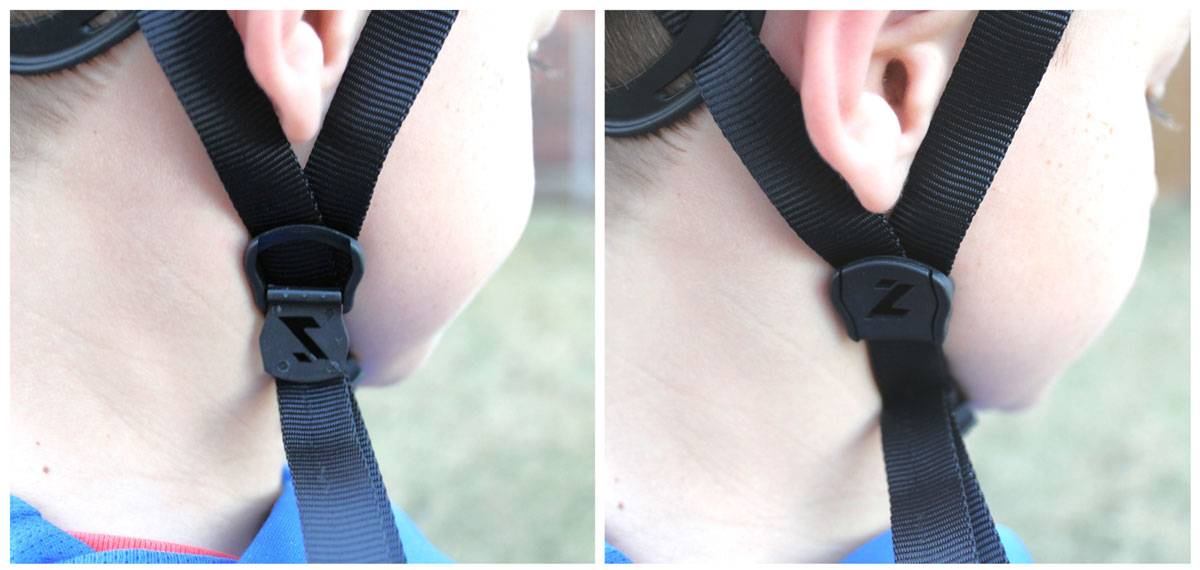 Locking sliders on side straps of Lazer J1 kids helmet