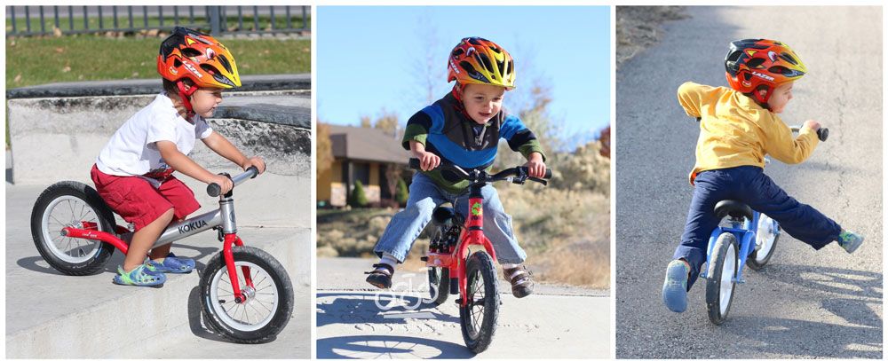 collage of images showing a toddler riding a balance bike