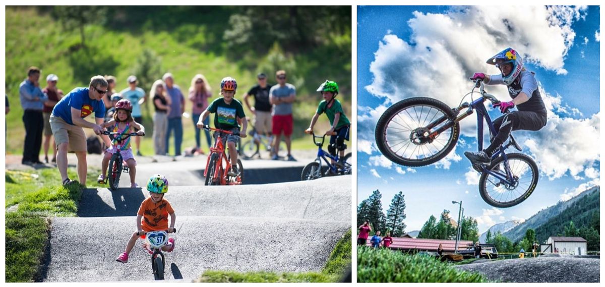 Kids riding on the pump track in Leavenworth, WA, teenage rider jumping a berm