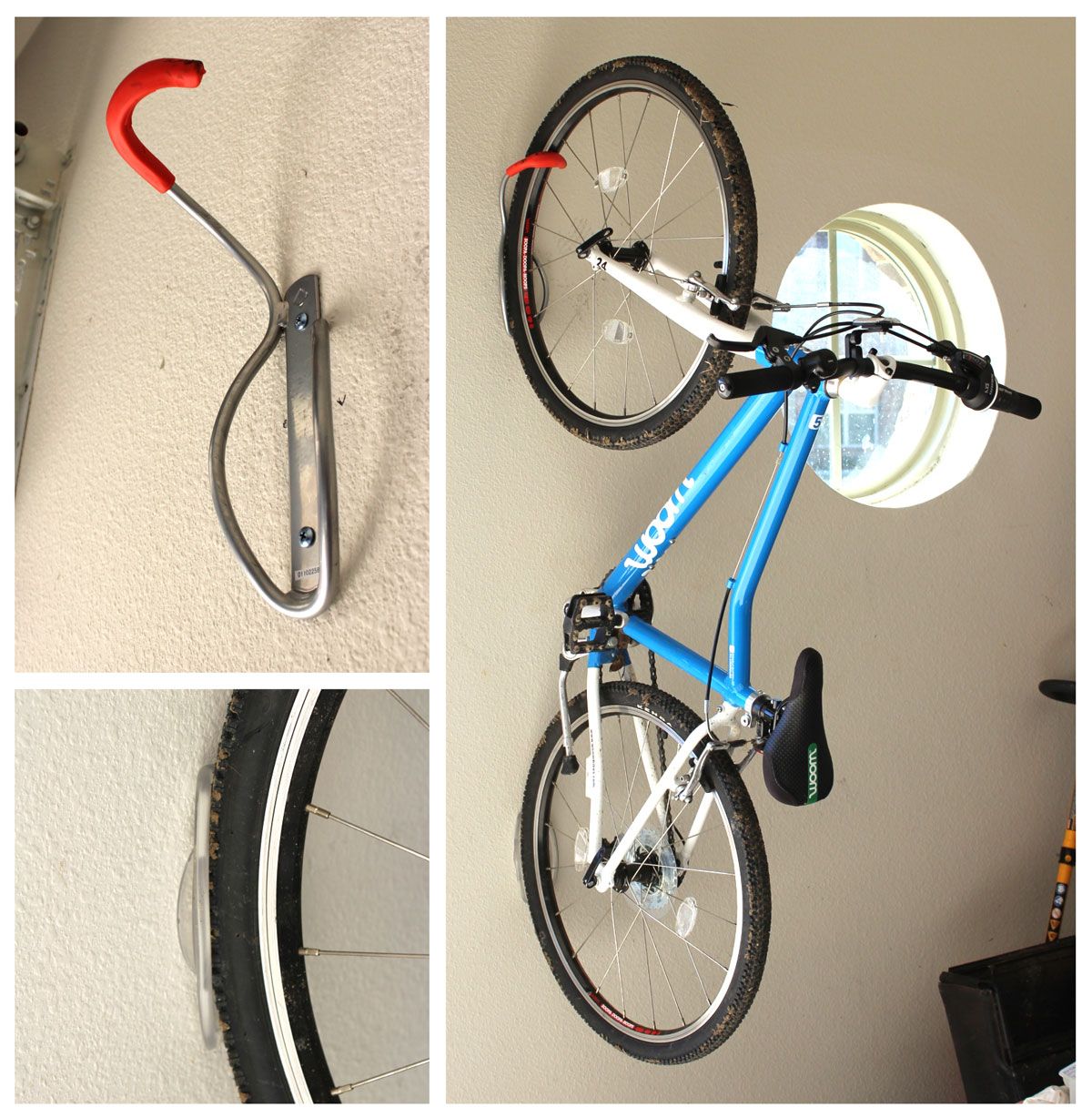 Delta Cycle Leonardo bike hook and tray - close up of hook and close up of tray, and full shot of 24" woom bike using system