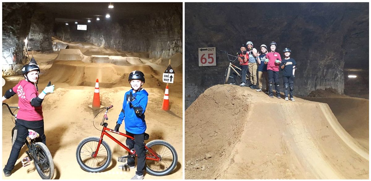 Group of young boys about to ride area 3 in Louisville Mega Cavern Bike Park