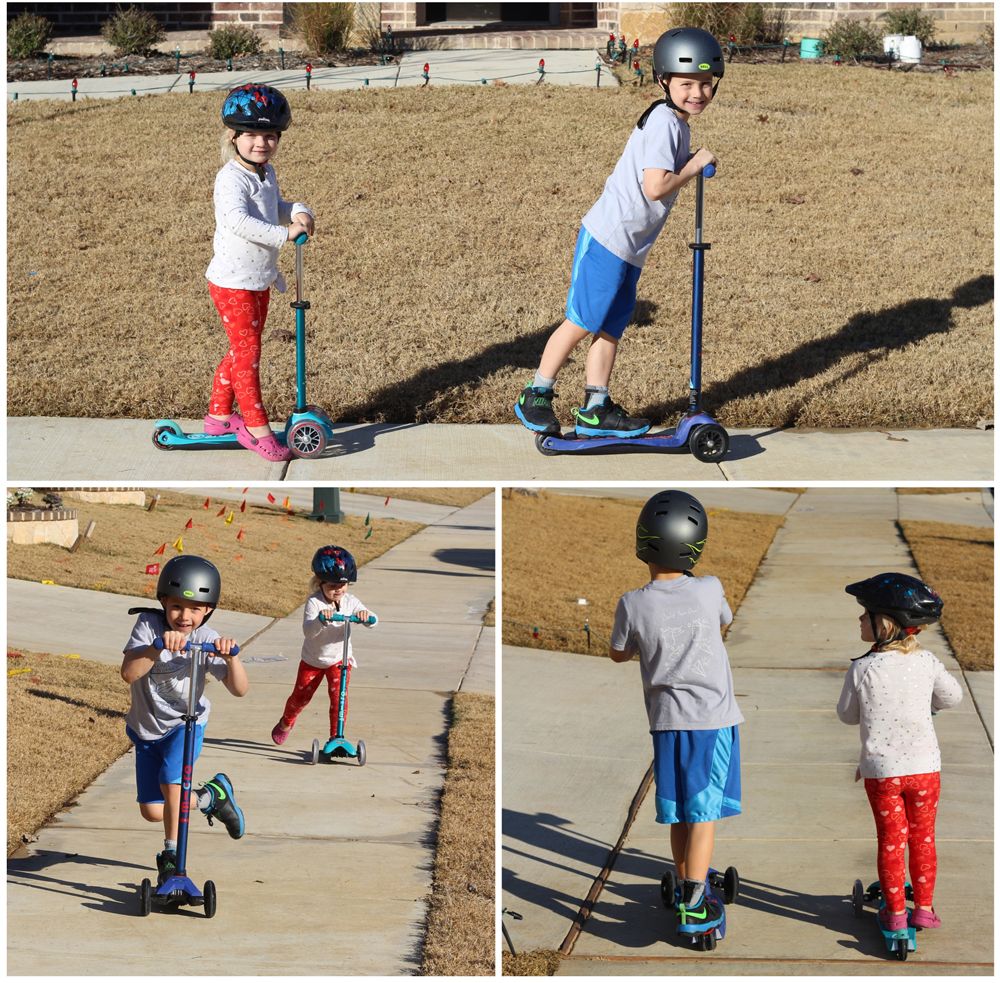 young girl riding a teal micro kickboard scooter and a young boy riding a blue maxi micro scooter