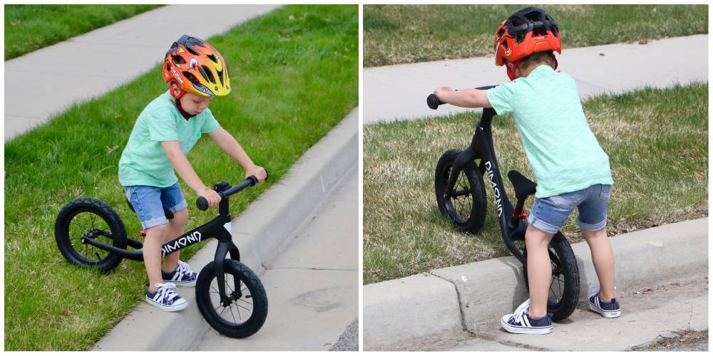3-year-old boy riding Dimond Miner balance bike up and down curbs