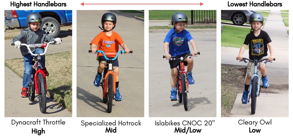 Four different 20" kids' bikes with different handlebar heights, in order from highest handlebars, to lowest. Dynacraft Throttle, Specialized Hotrock, Islabikes CNOC 20", and Cleary Owl.