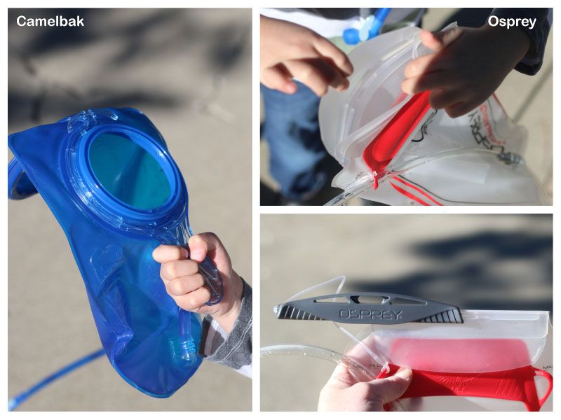 Water reservoir of Camelbak has a round opening that you screw closed. Osprey's top folds over and is clipped closed.